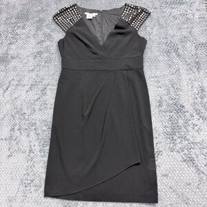 Maggy London Black & Gun Metal Studded Shoulder Faux Wrap Dress Size 14